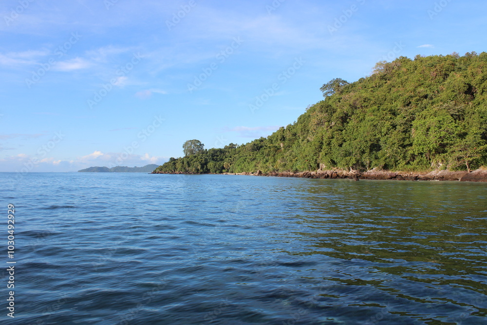 an island lush with green trees in a clean and calm sea with a bright blue sky in the background an island lush with green trees in a clean and calm sea with a bright blue sky in the background