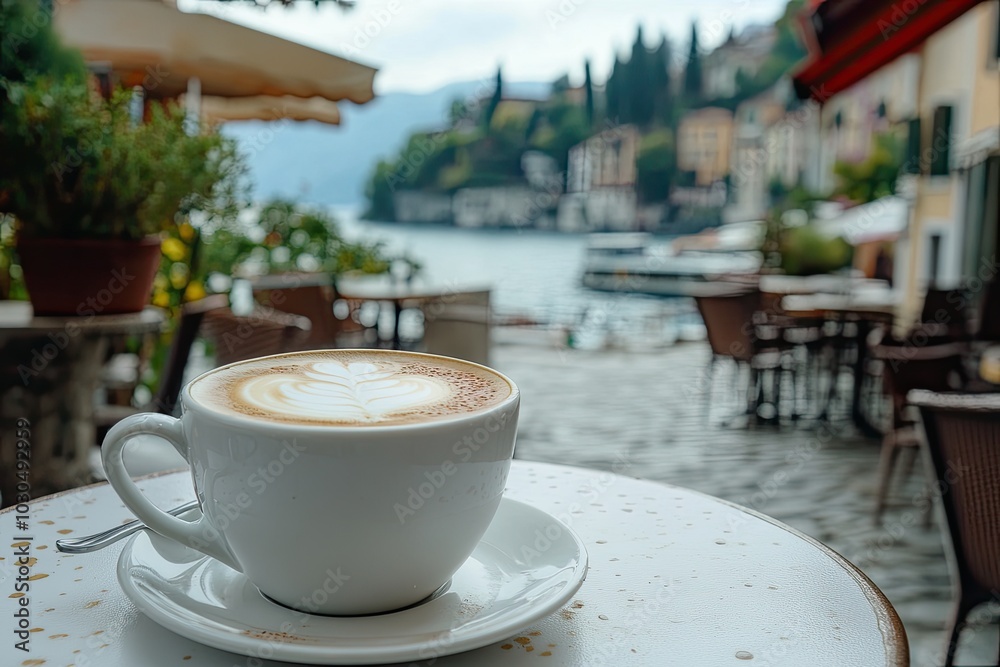 A frothy cappuccino served on a cafe table, with a scenic street view in the background A frothy cappuccino served on a cafe table, with a scenic street view in the background