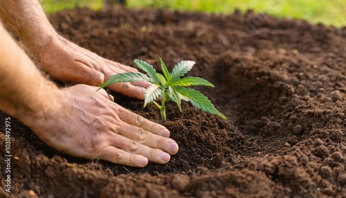 Person planting a young cannabis plant photo