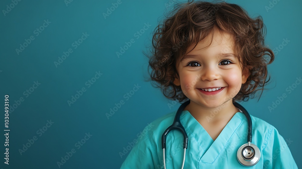 A young child, smiling and wearing a teal doctor's outfit with a stethoscope.
A young child, smiling and wearing a teal doctor's outfit with a stethoscope.