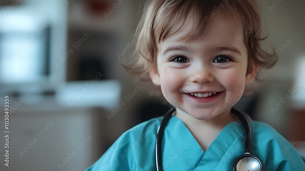 A young child, smiling and wearing a teal doctor's outfit with a stethoscope.
A young child, smiling and wearing a teal doctor's outfit with a stethoscope.