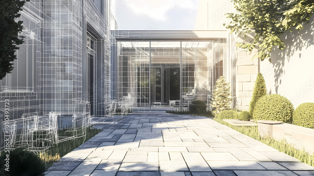 Fototapeta premium Wireframe rendering of a building in 3D. Done view hard landscaping, new luxury stone patio and garden of English home. Idea for an abstract construction graphic