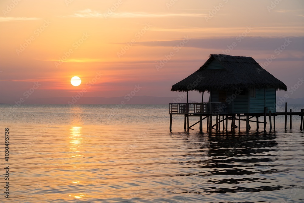 Golden sunset over calm sea, silhouette of thatched roof hut, peaceful atmosphere Golden sunset over calm sea, silhouette of thatched roof hut, peaceful atmosphere