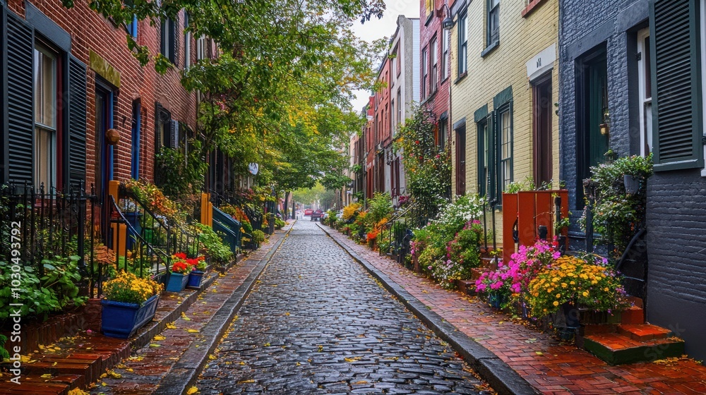 Obraz premium Cobblestone Street in a Quaint Neighborhood