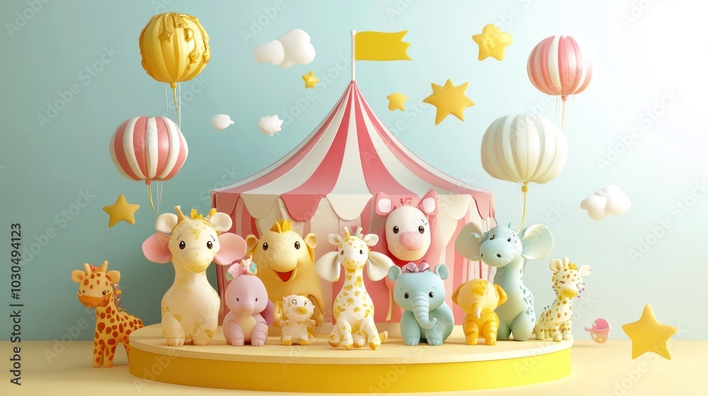 A whimsical circus scene featuring adorable animal figurines and colorful decorations. A whimsical circus scene featuring adorable animal figurines and colorful decorations.