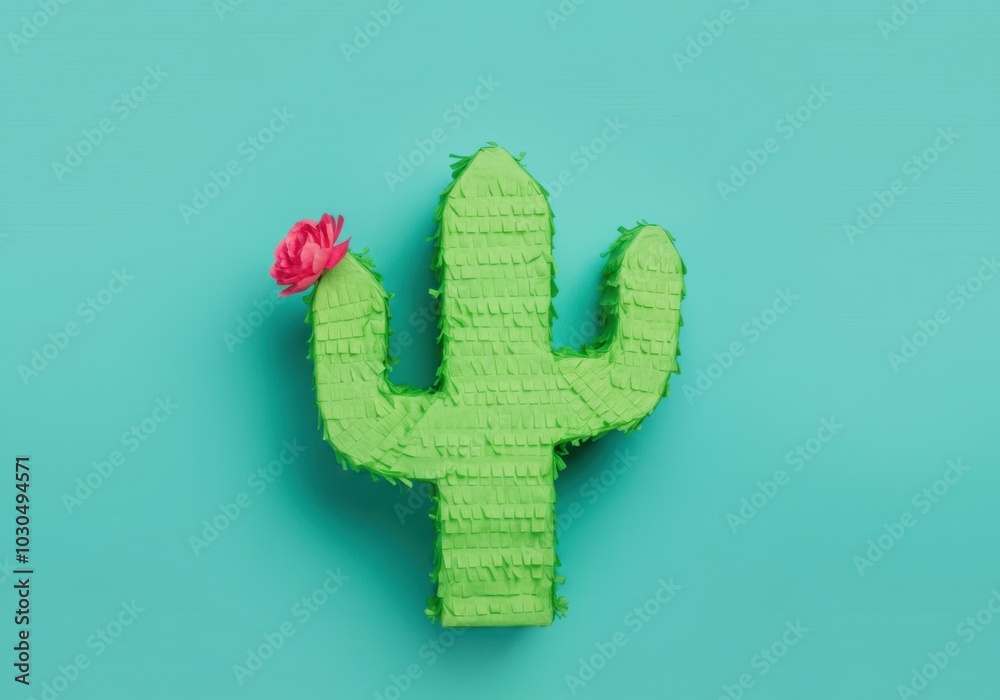 Green cactus pinata with a pink flower laying on a turquoise background Green cactus pinata with a pink flower laying on a turquoise background