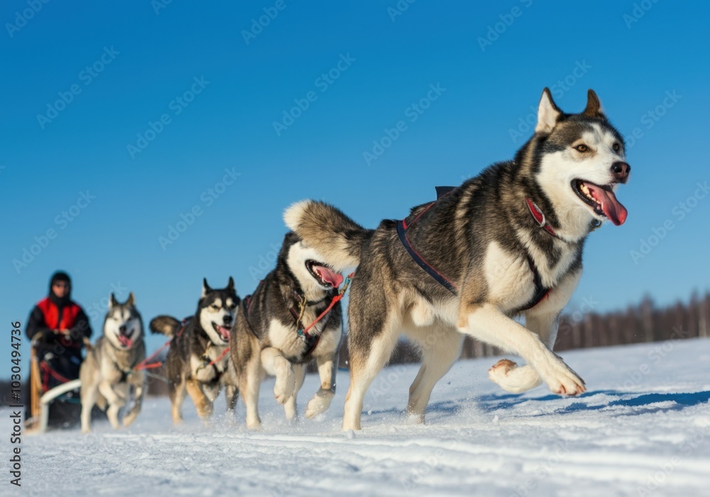 Musher is driving a dog sled team through a snowy landscape on a sunny winter day Musher is driving a dog sled team through a snowy landscape on a sunny winter day