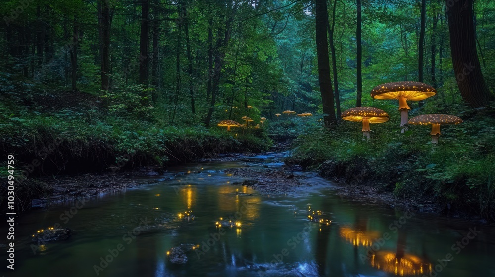 Enchanted forest scene with glowing mushrooms by a serene stream. Enchanted forest scene with glowing mushrooms by a serene stream.