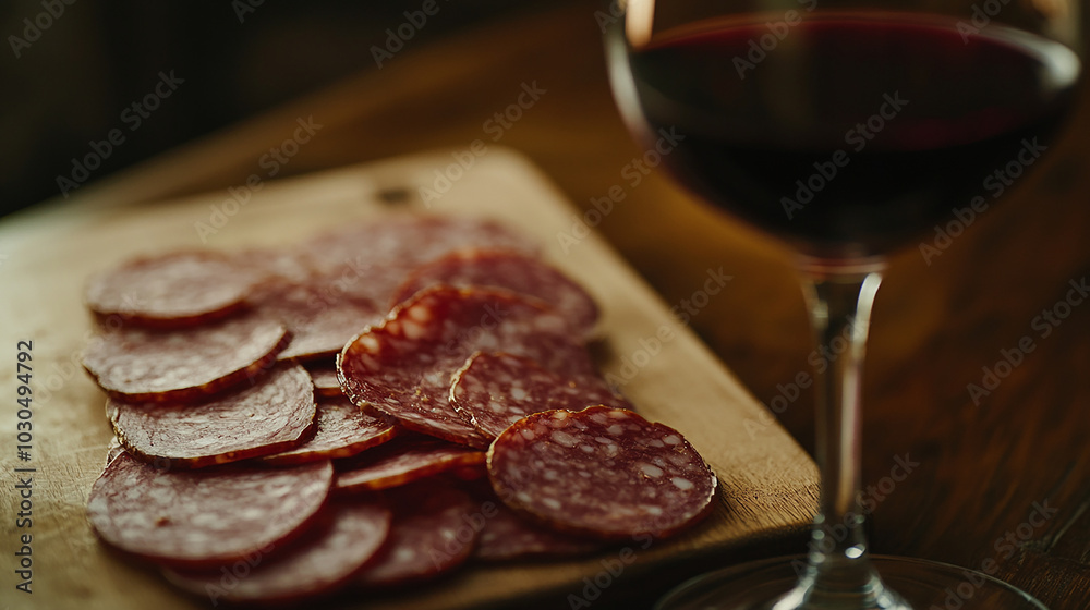 Close-up of salami slices with a glass of red wine Close-up of salami slices with a glass of red wine