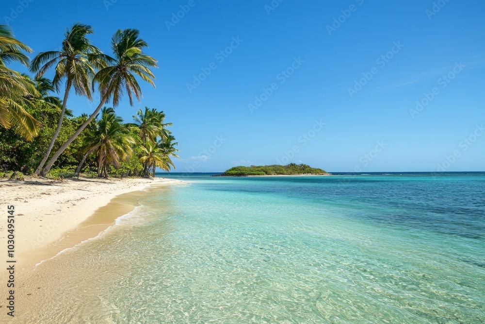 Fototapeta premium A beautiful beach in the Caribbean with palm trees and clear water, white sand, a small island off to one side of it, clear blue sky, a tropical vibe.