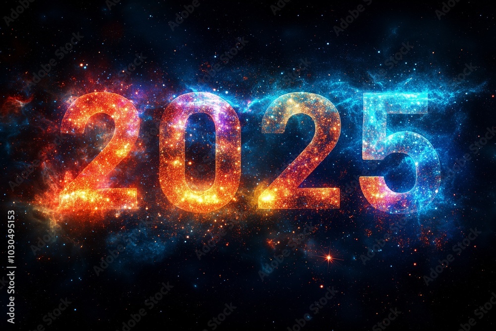 New Year's Day, 2025 made of colorful stardust, with backdrop of an ethereal galaxy with swirling nebulae and shooting stars New Year's Day, 2025 made of colorful stardust, with backdrop of an ethereal galaxy with swirling nebulae and shooting stars