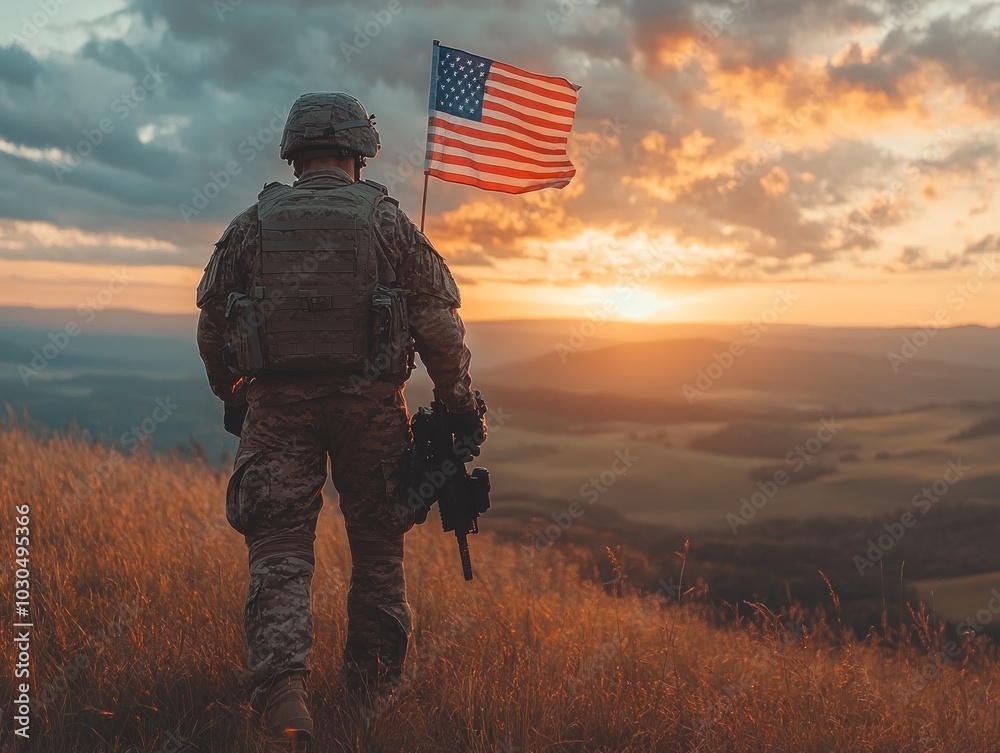 Soldier saluting with American flag in open landscape at sunset Soldier saluting with American flag in open landscape at sunset