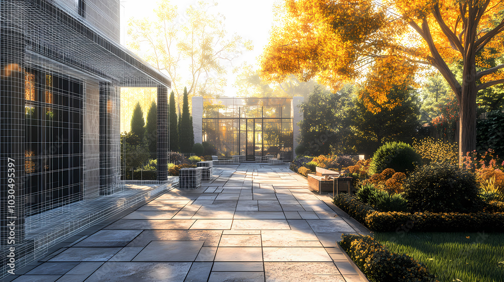 Obraz premium Wireframe rendering of a building in 3D. Done view hard landscaping, new luxury stone patio and garden of English home. Idea for an abstract construction graphic