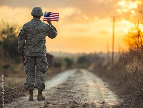 Obraz na płótnie Soldier saluting with American flag in open landscape at sunset w salonie