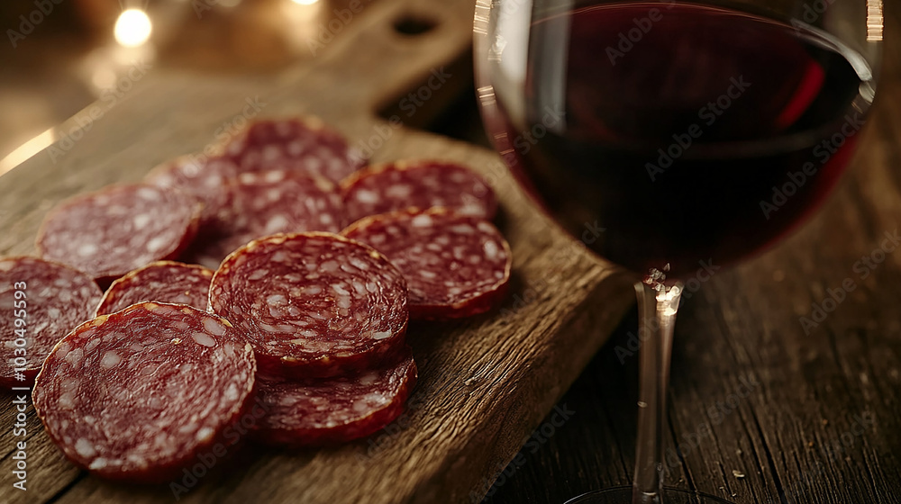Close-up of salami slices with a glass of wine on a plate
