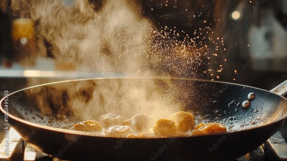 Cooking Sizzling Ingredients in Hot Pan