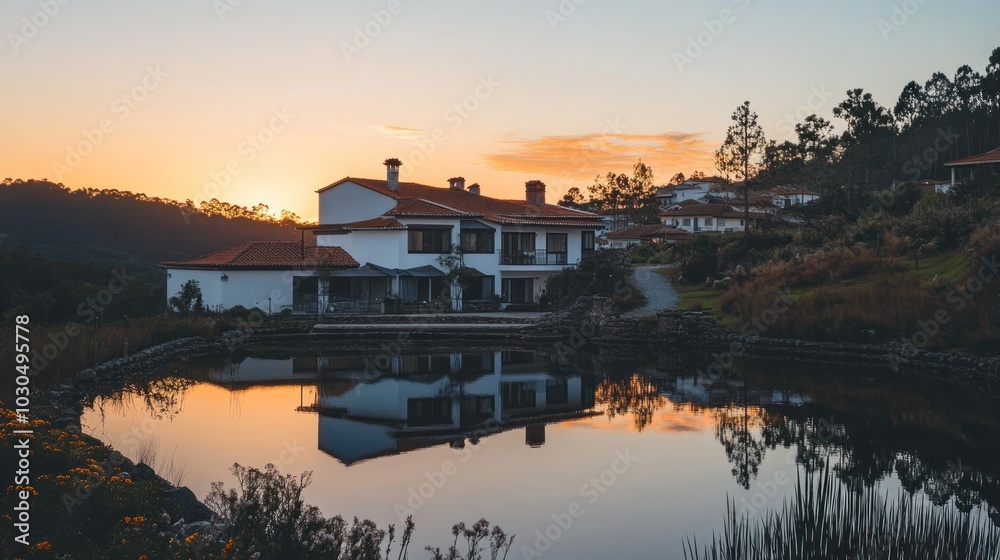 Fototapeta premium A serene sunset view of a modern house reflecting in a tranquil pond.