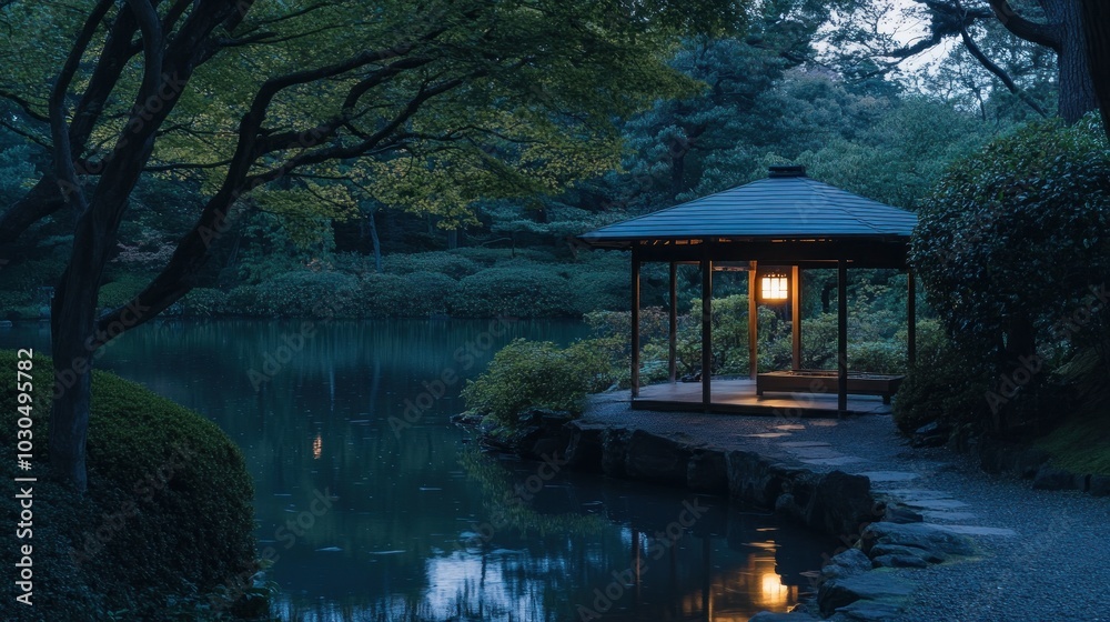 Fototapeta premium Serene night scene of a gazebo by a tranquil pond, illuminated softly.