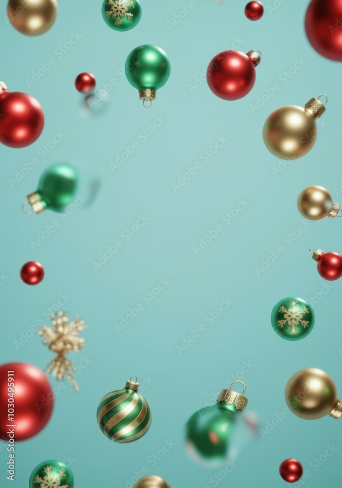 Red, green and gold christmas ornaments floating on pastel blue background with copy space Red, green and gold christmas ornaments floating on pastel blue background with copy space
