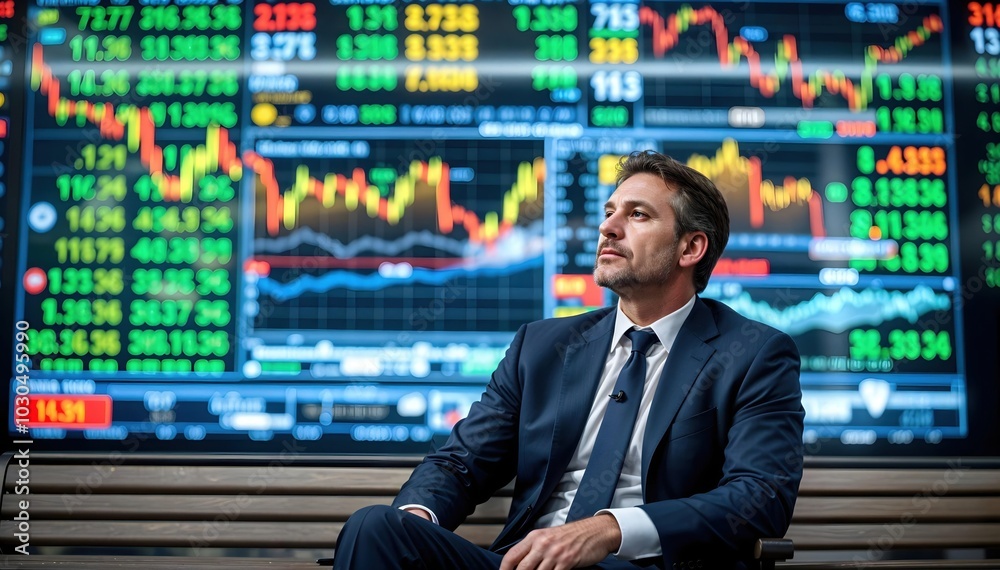 A middle-aged man in a suit sits thoughtfully before a vibrant stock market screen, displaying fluctuating data, reflecting deep analysis. A middle-aged man in a suit sits thoughtfully before a vibrant stock market screen, displaying fluctuating data, reflecting deep analysis.
