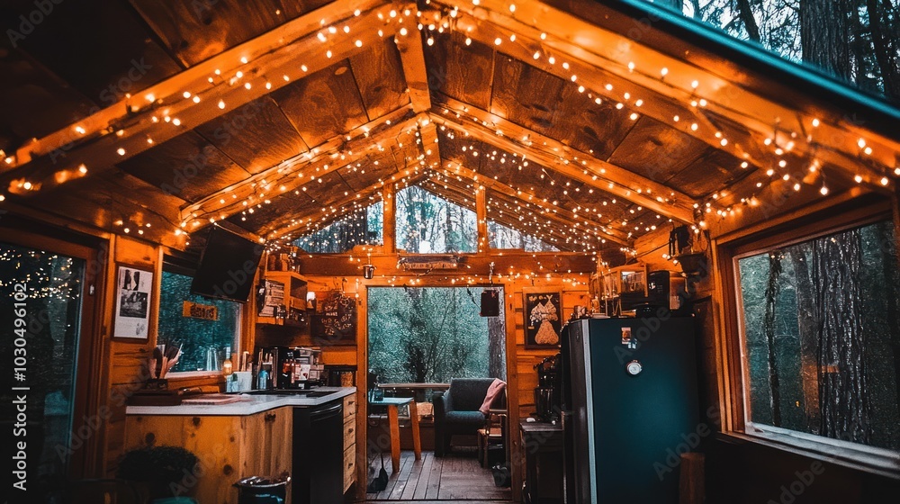 Fototapeta premium Cozy Cabin with String Lights