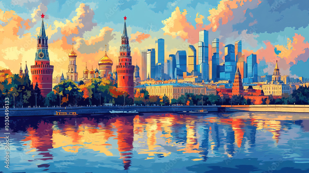 Obraz premium Moscow, classic traditional wood block print effect. Woodblock printing. Graphic designed, illustration for travel poster, card, wallpaper, backdrop or banner. Modern, trendy