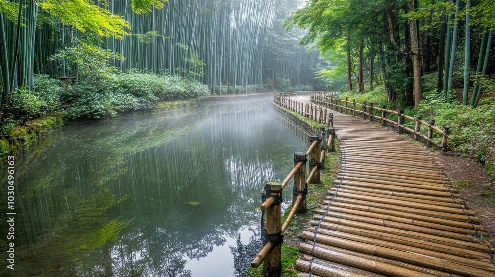 Obraz premium A serene pathway through a bamboo forest beside a calm river, enveloped in mist.