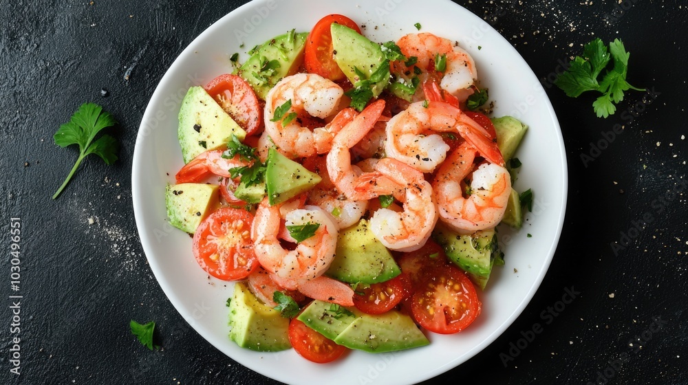 Shrimp salad with avocado and tomatoes on a white plate, top view. Shrimp salad with avocado and tomatoes on a white plate, top view.