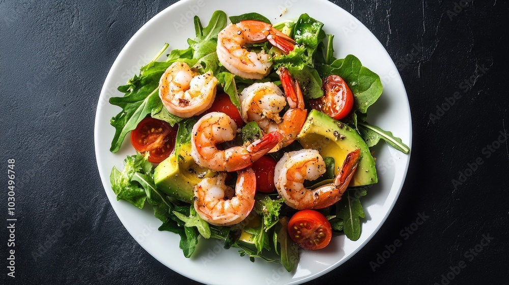 Shrimp salad with avocado and tomatoes on a white plate, top view. Shrimp salad with avocado and tomatoes on a white plate, top view.