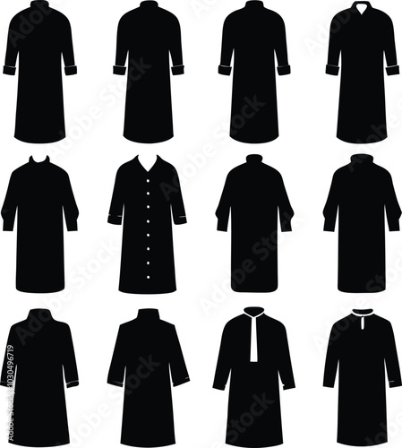 Black Thobe Collection: Traditional Islamic Men's Clothing Vector Illustration - Saudi Arabian & Middle Eastern Style Apparel Set