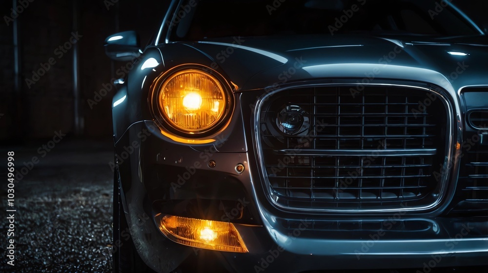 Detailed Closeup of Car LED Headlight, Car Lamp, and Car Headlight Bulb on Dark Background Detailed Closeup of Car LED Headlight, Car Lamp, and Car Headlight Bulb on Dark Background