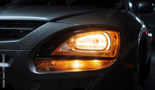 Detailed Closeup of Car LED Headlight, Car Lamp, and Car Headlight Bulb on Dark Background photo