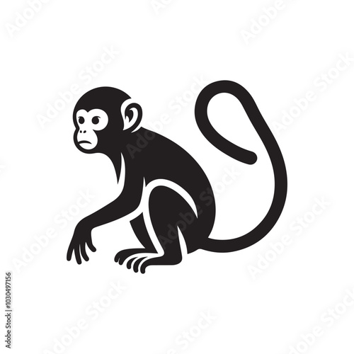 Monkey Silhouette Icon. Vector Illustration in Black and White.