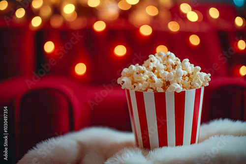 Close-up of popcorn in a striped bucket on a blurred cinema background with rows of red velvet armchairs, bokeh lights, and space for text. photo