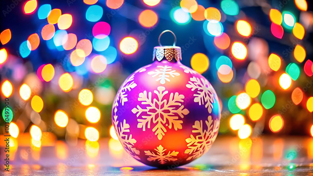 Fototapeta premium Colorful bright Christmas tree ball with ornament 3D design against vibrant bokeh lights background. Festive New Year card.