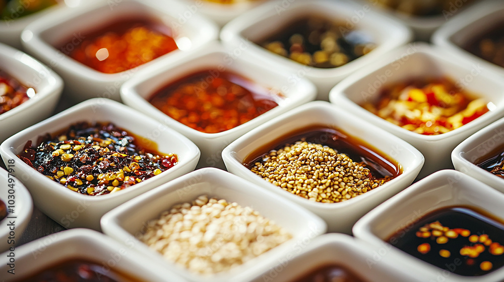Close-up of small dishes filled with various seasonings Close-up of small dishes filled with various seasonings