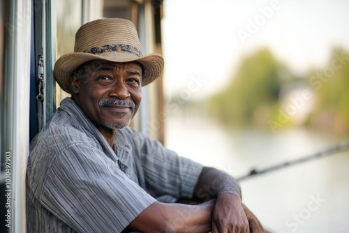 Smiling senior african american man wearing a straw hat is relaxing on a lake while fishing