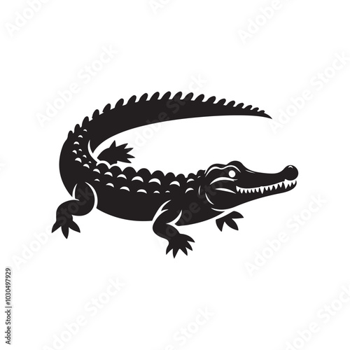 Black Crocodile Silhouette Illustration. Vector Drawing on White.