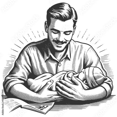 smiling father in a suit cradling his newborn baby, representing paternal love, care, and family bond sketch engraving generative ai vector illustration. Scratch board imitation. Black and white image