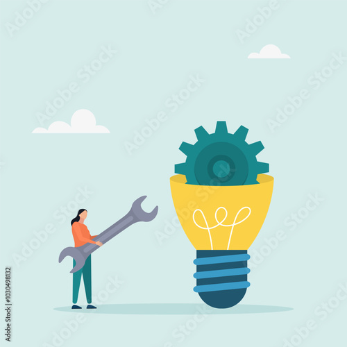 Efficiency concept. Innovation or product development, idea or solution for a business problem. Inventing or creating technology to create a new product. Vector illustration.