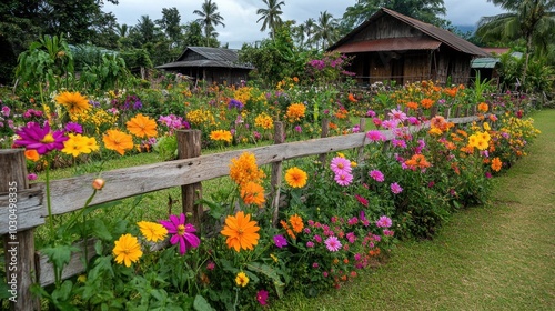 A vibrant garden filled with colorful flowers beside a rustic wooden fence and traditional houses.