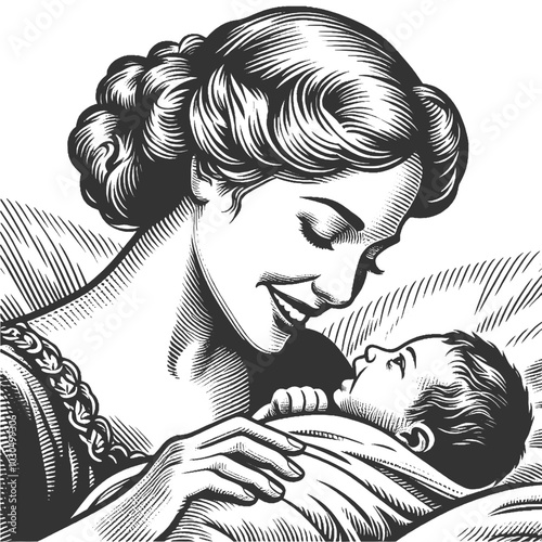 smiling mother cradling her newborn baby, symbolizing love, care, and maternal tenderness sketch engraving generative ai vector illustration. Scratch board imitation. Black and white image.