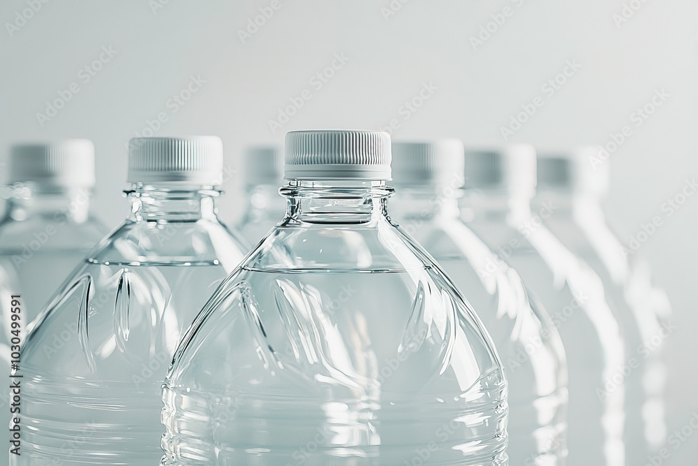closeup of clear plastic water bottles with soft light on white backdrops