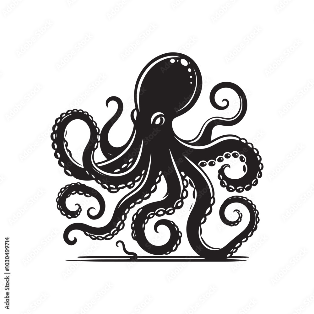 Octopus Icon in Black - Vector Silhouette on White Background.