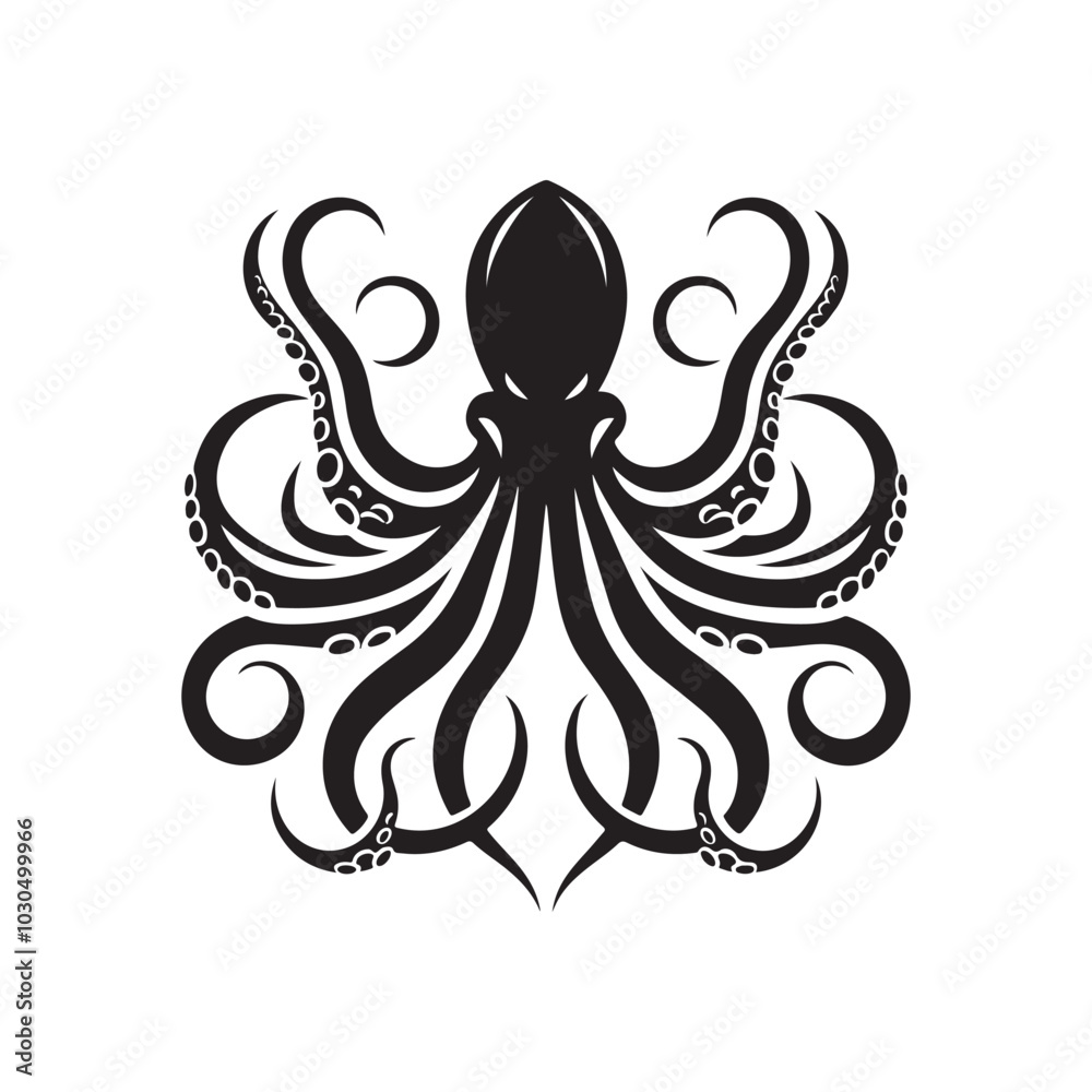 Obraz premium Black Octopus Silhouette Vector Illustration Icon on White Background.
