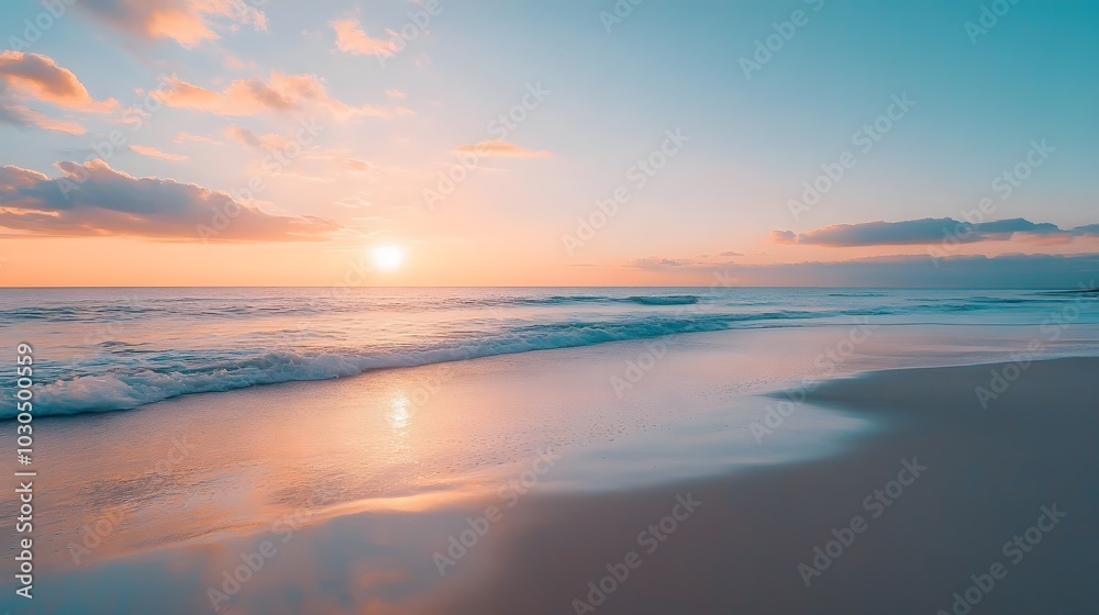 The sea is calm and the sky is beautiful blues and pinks. The sun is setting. Shining a warm light over the water The scene looked calm and peaceful. With waves gently crashing onto the shore. The sea is calm and the sky is beautiful blues and pinks. The sun is setting. Shining a warm light over the water The scene looked calm and peaceful. With waves gently crashing onto the shore.