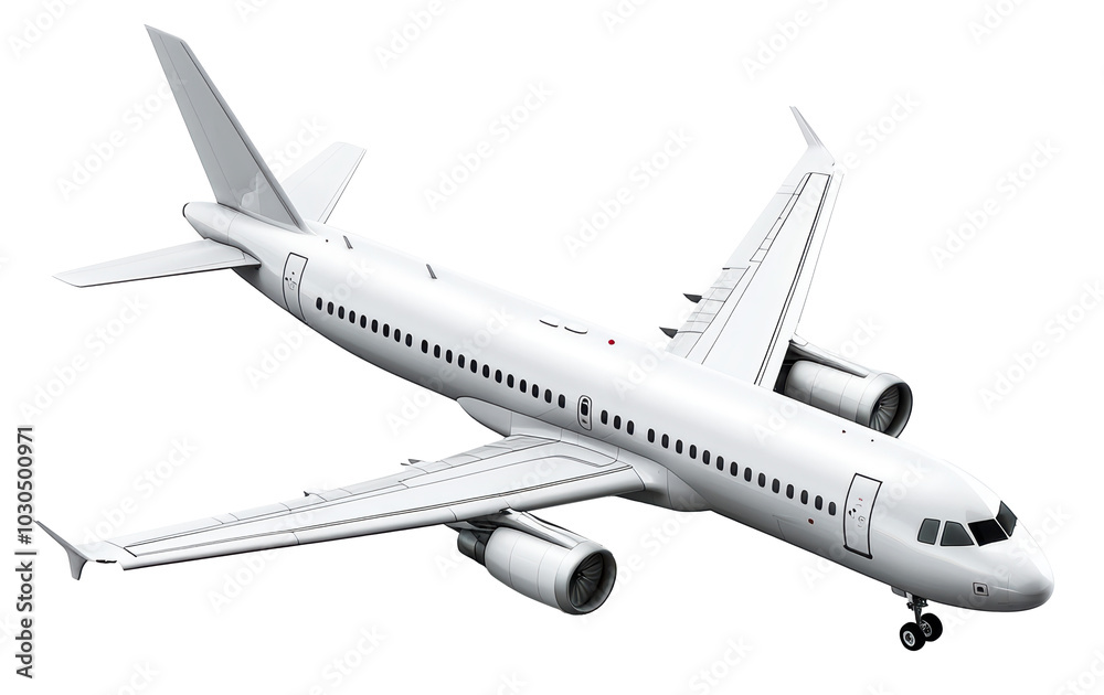 Fototapeta premium A white airplane is sitting on the ground. The plane is large and has a lot of windows. The image gives off a sense of calm and serenity, as if the plane is just resting after a long flight