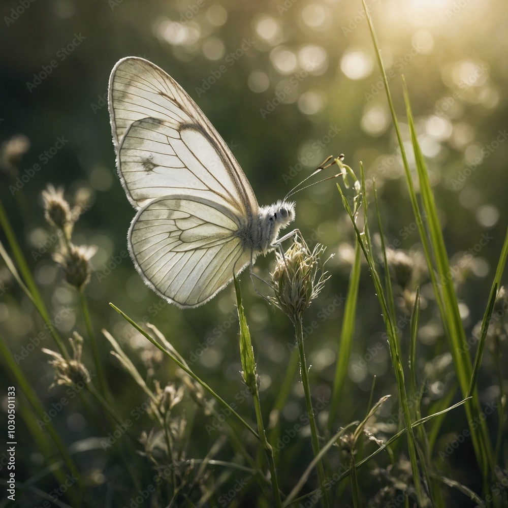 White butterfly perched on flower stem in grassy field, with soft, blurred greenery in background and warm, natural lighting White butterfly perched on flower stem in grassy field, with soft, blurred greenery in background and warm, natural lighting