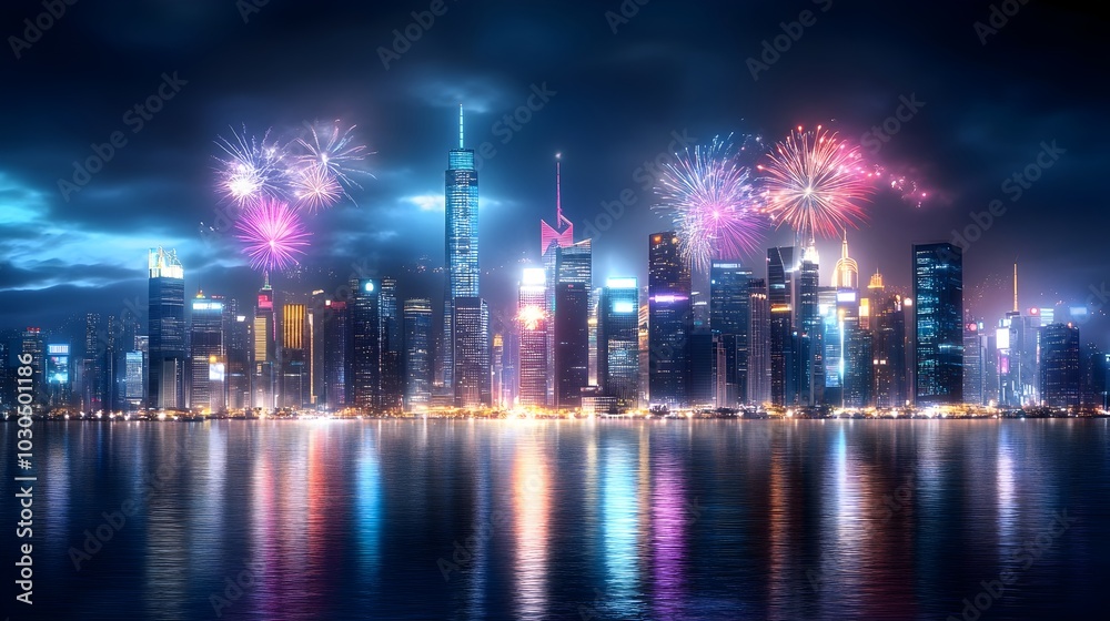 Fototapeta premium Vibrant Fireworks Display over Bustling Metropolis on New Year s Eve with Countdown Clock