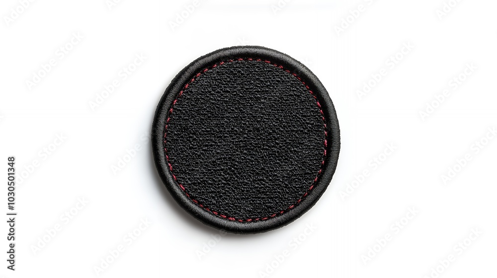 Blank black leather patch with red stitching isolated on white background. Blank black leather patch with red stitching isolated on white background.